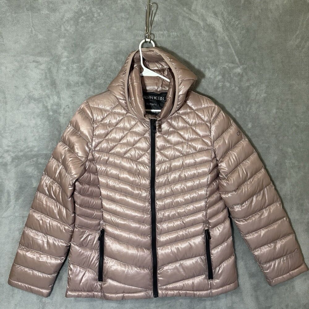 Calvin Klein Down Coat XL Packable Lightweight Hood Puffer Jacket Pink Premium